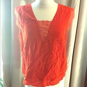Orange red lace trim blouse